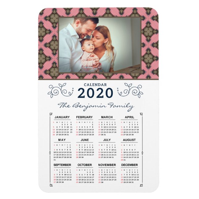2020 Photo Personalise Pink Pattern Calendar Magnet (Vertical)