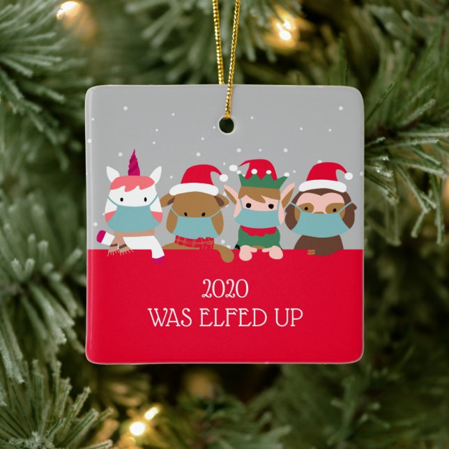 2020 Was Elfed Up Funny COVID Mask Animals Ceramic Ornament (Tree)