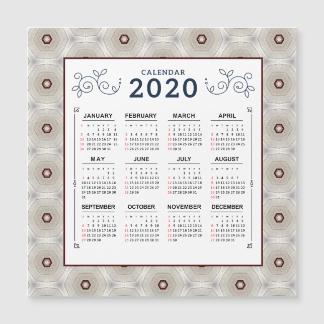 2020 Year Calendar Red White Pattern Magnet (Front)