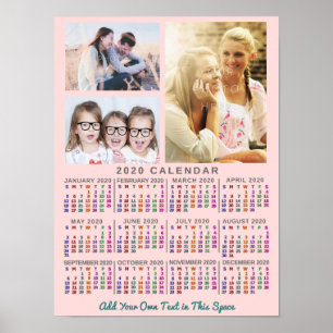 2020 Year Monthly Calendar Colourful Custom 3 Phot Poster