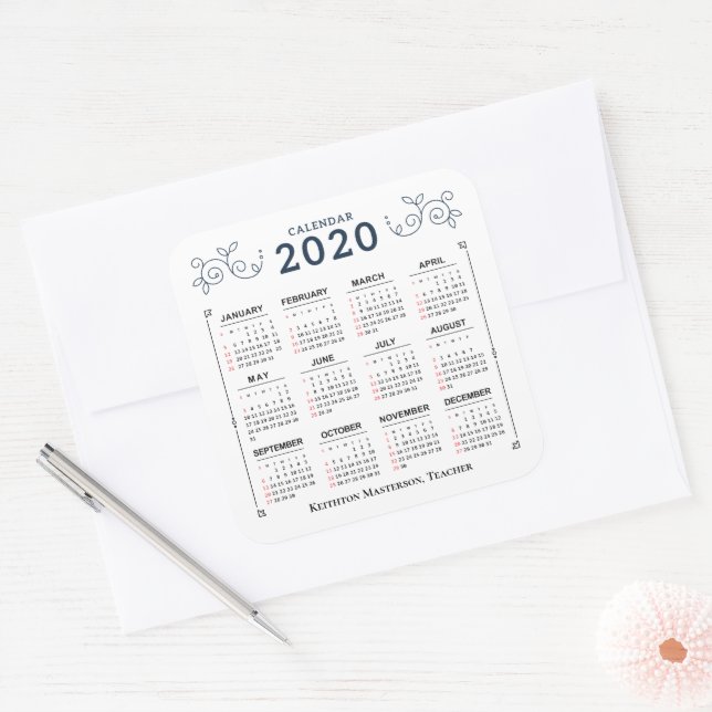 2020 Year Monthly Calendar Personalise Custom Square Sticker (Envelope)
