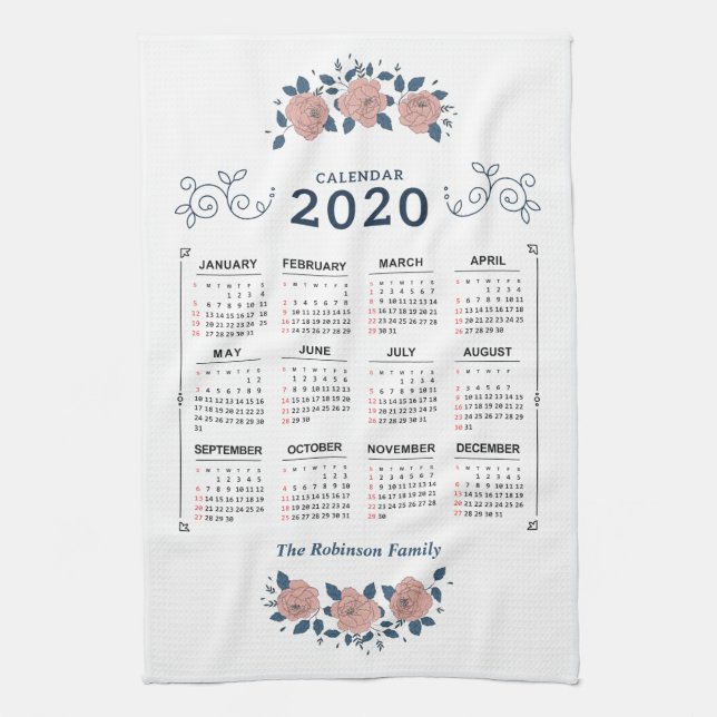 2020 Year Monthly Calendar Personalise Custom Tea Towel (Vertical)