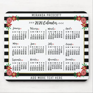 2020 Year Monthly Calendar   Preppy Floral Stripes Mouse Pad