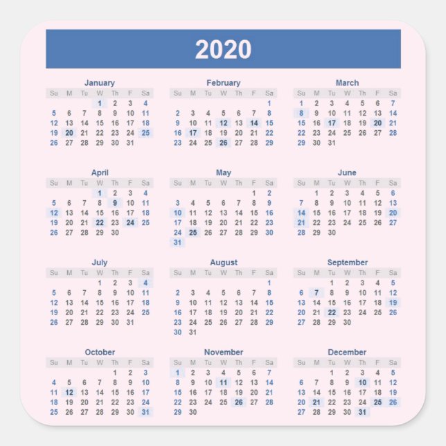2020 Yearly Calendar on Pale Pink Square Sticker (Front)