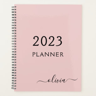 2021 Blush Pink Girly Script Monogram Name Modern Planner