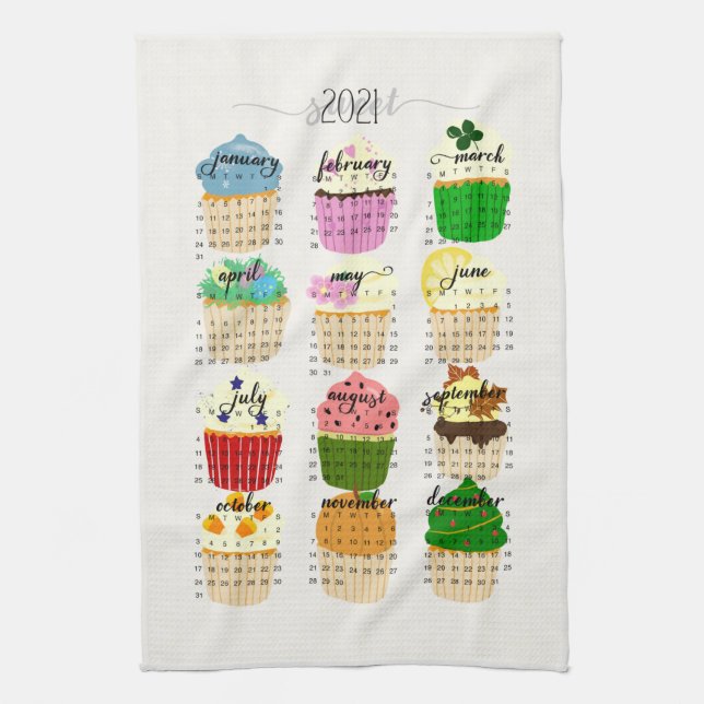 2021 Calendar Cupcake Kitchen Tea Towel (Vertical)