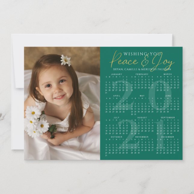 2021 Calendar Minimal PEACE JOY Photo Green Holiday Card (Front)