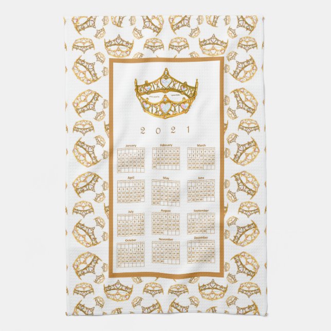 2021 Calendar Queen Hearts Gold Crown Tiara Border Tea Towel (Vertical)
