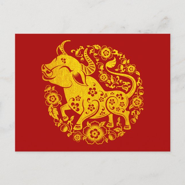 2021 Chinese New Year of The Ox Floral Gold Postcard (Front)