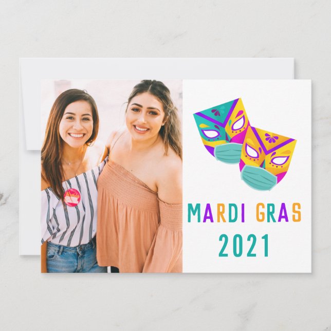2021 covid quarantine funny mardi gras mask photo card (Front)