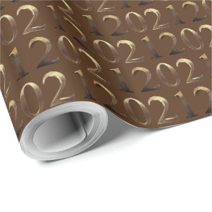 2021 Elegant Faux Golden Numbers Pattern Brown Wrapping Paper