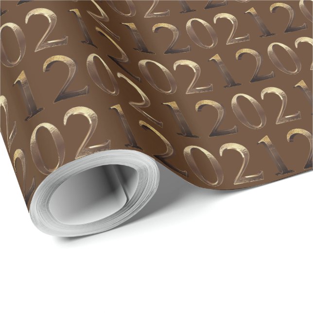 2021 Elegant Faux Golden Numbers Pattern Brown Wrapping Paper (Roll Corner)