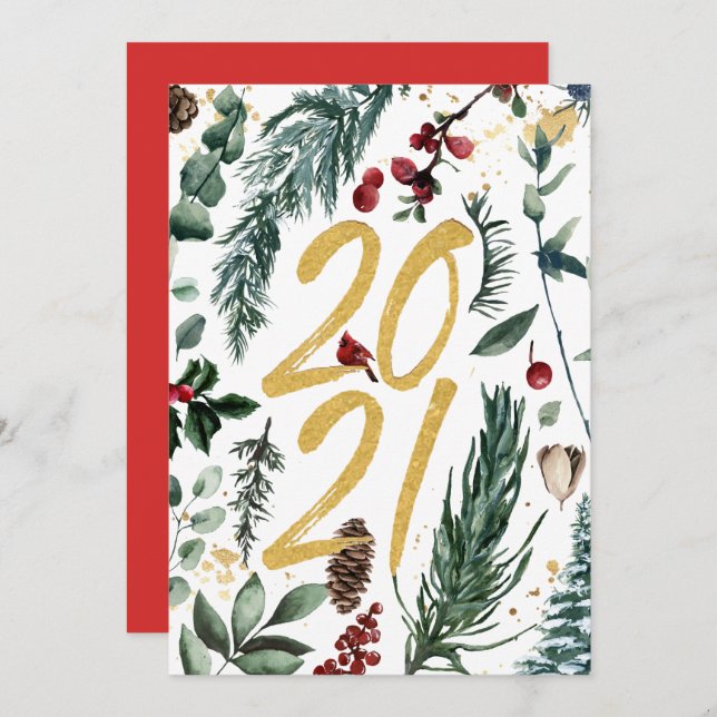 2021 Festive Pine Bough Magnolia Red Berry Holiday Card (Front/Back)