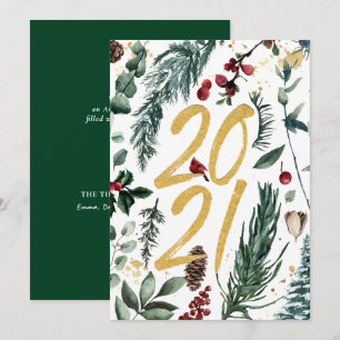 2021 Festive Pine Bough Magnolia Red Berry Holiday Card