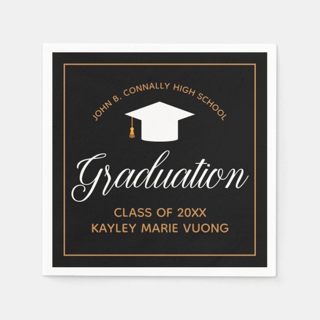 2021 Graduation Black Gold Custom School Monogram Napkin (Front)
