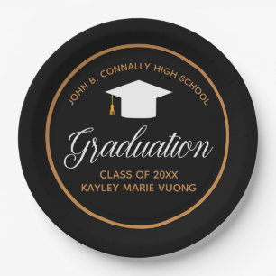 2021 Graduation Black Gold Custom School Monogram Paper Plate