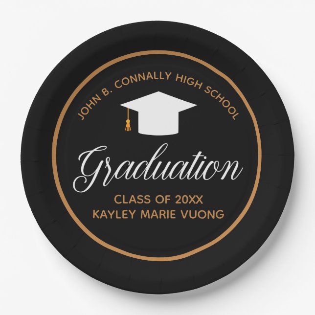 2021 Graduation Black Gold Custom School Monogram Paper Plate (Front)