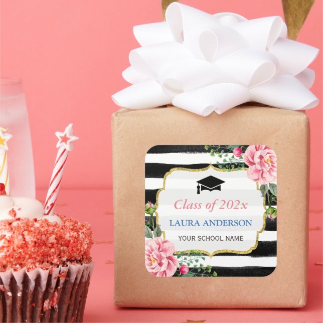 2021 Graduation Floral Black White Stripe Square Sticker (Party)