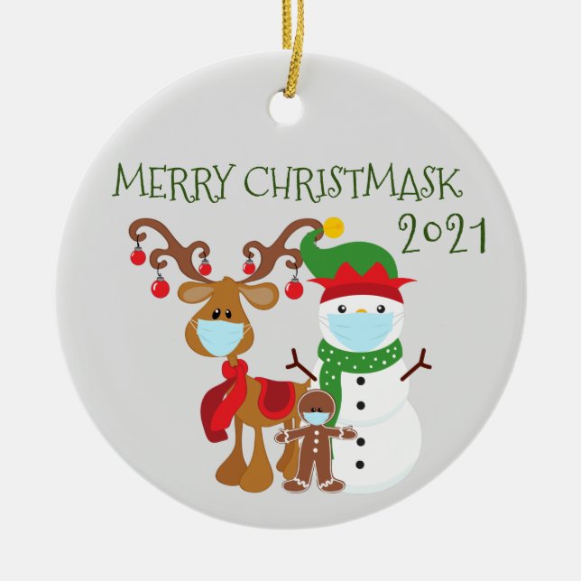 2021 Merry Christmask Reindeer Quarantine Ceramic Tree Decoration (Front)