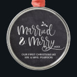 2021 Our First Christmas Married Merry Chalkboard Metal Tree Decoration<br><div class="desc">The ornaments that tend to always make it up on our tree are the ones that are personalized. Customize this ornament to remember your first Christmas as Mr. and Mrs. for years to come. Chalkboard background for a rustic feel.</div>