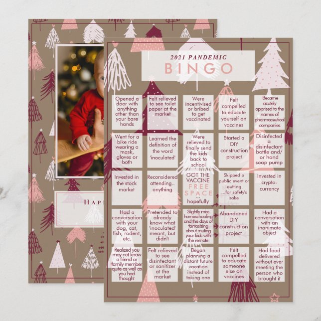 2021 Pandemic BINGO Cute Pink Tree Christmas Photo Holiday Card (Front/Back)