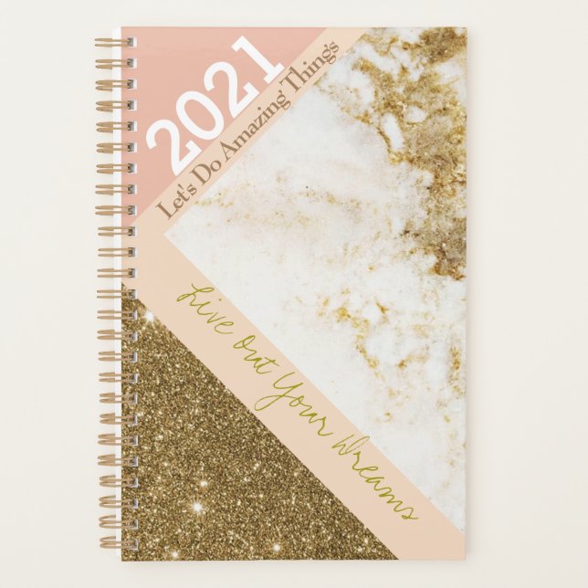 2021 Rose Gold Pink Faux Marble Trendy Planner (Front)
