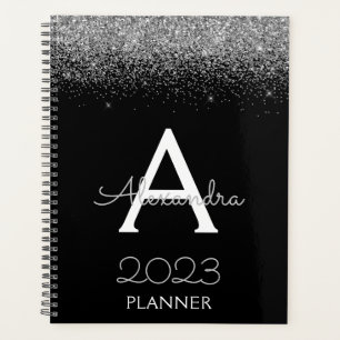 2021 Silver Black Glitter Monogram Modern Luxury Planner
