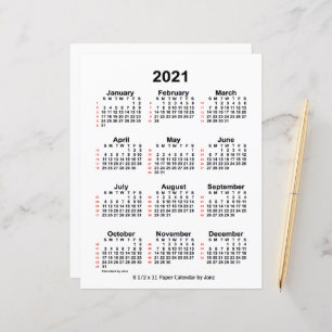 2021 White 52 Week Calendar by Janz 8.5x11 Paper