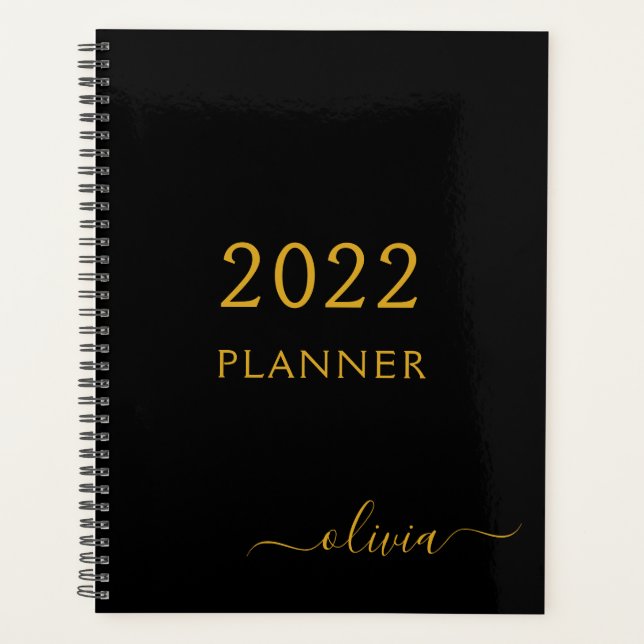 2022 Black Gold Girly Script Monogram Name Modern Planner (Front)