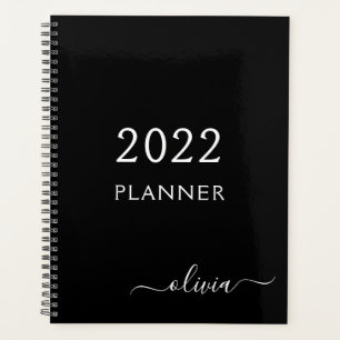 2022 Black White Girly Script Monogram Name Modern Planner