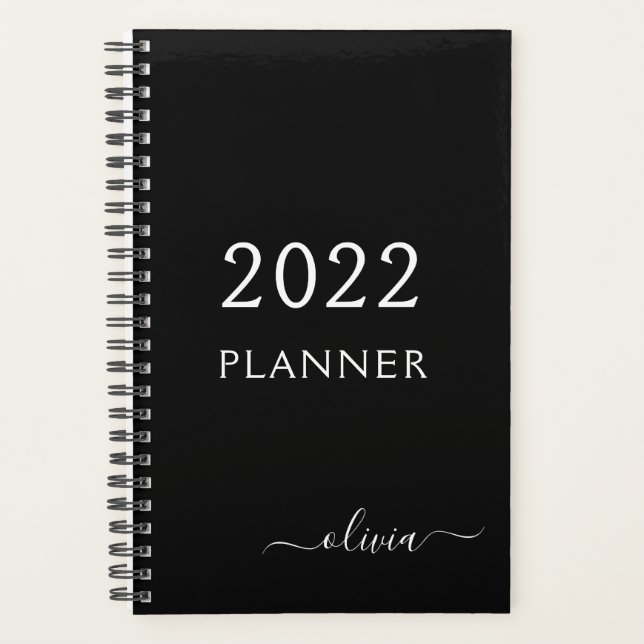 2022 Black White Girly Script Monogram Name Modern Planner (Front)