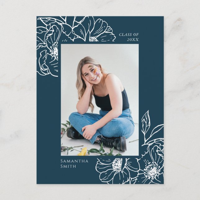 2022 Blue Floral Greenery Elegant Photo Grad Announcement Postcard (Front)