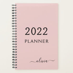 2022 Blush Pink Girly Script Monogram Name Modern Planner