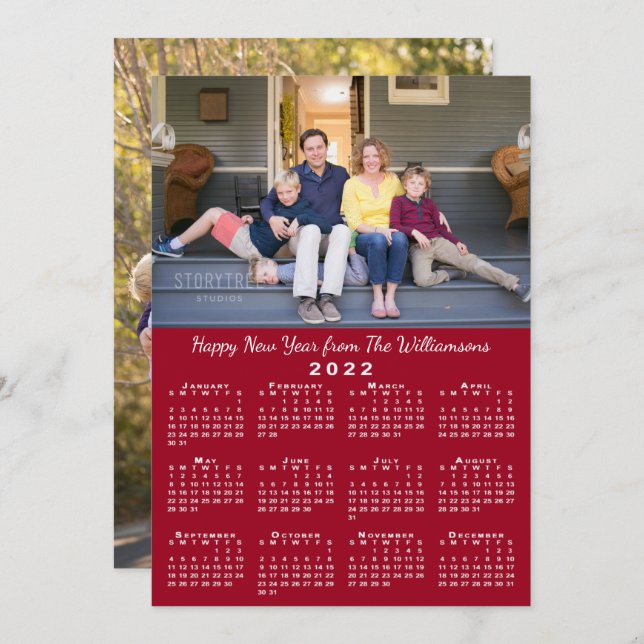 2022 Calendar 2 Custom Photos Red Happy New Year Holiday Card (Front/Back)