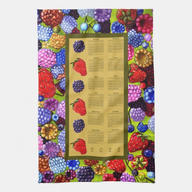2022 Calendar Berries Border Art Tea Towel (Vertical)