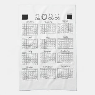 2022 Calendar Black Fabric Font Line Art Textiles Tea Towel