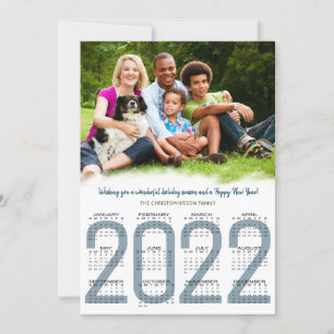 2022 Calendar Family Photo Blue New Year Holiday Card