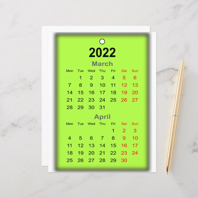 2022 Calendar March April Print on.. (Front/Back In Situ)