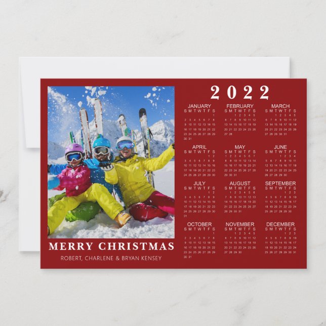 2022 Calendar Minimal MERRY CHRISTMAS Photo Red Holiday Card (Front)