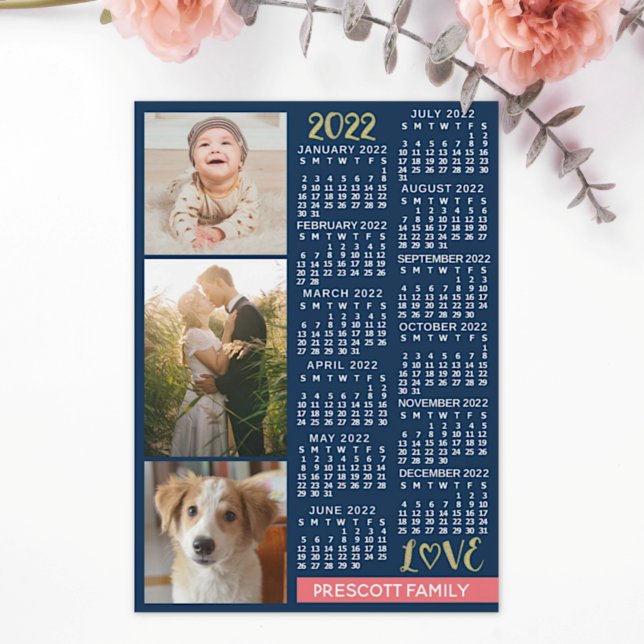 2022 Calendar Navy Coral Gold Photo Collage Magnet (Creator Uploaded)
