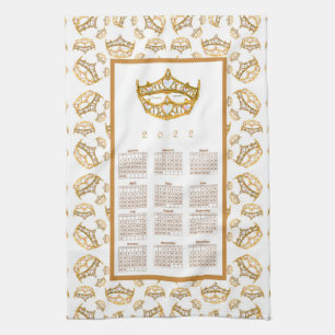 2022 Calendar Queen Hearts Gold Crown Tiara Border Tea Towel