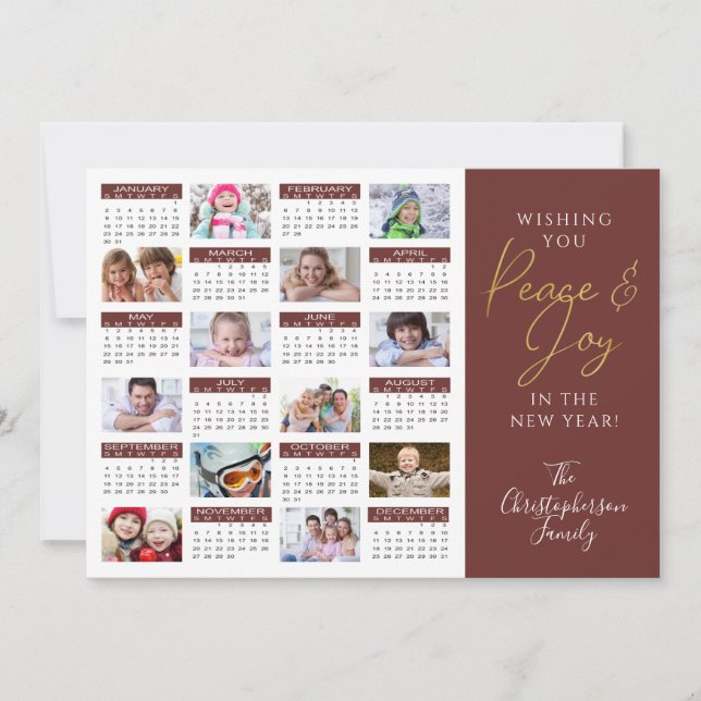 2022 Calendar Script PEACE AND JOY Photo Collage Holiday Card (Front)