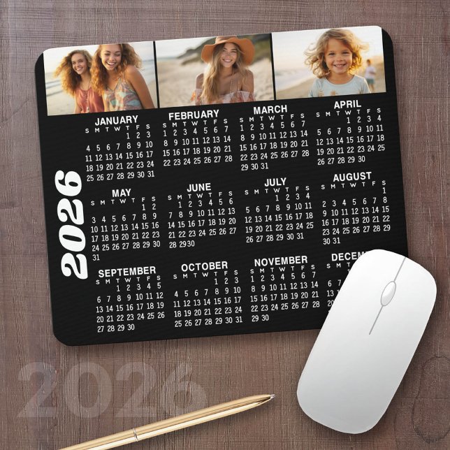 2022 Calendar with 3 Photo Collage - black Mouse P Pad (2026 Calendar with your logo or photos - Great Business Gift or Home Office Decor)