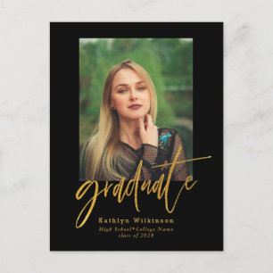 2022 Elegant Gold Black Script Photo Graduation Invitation Postcard