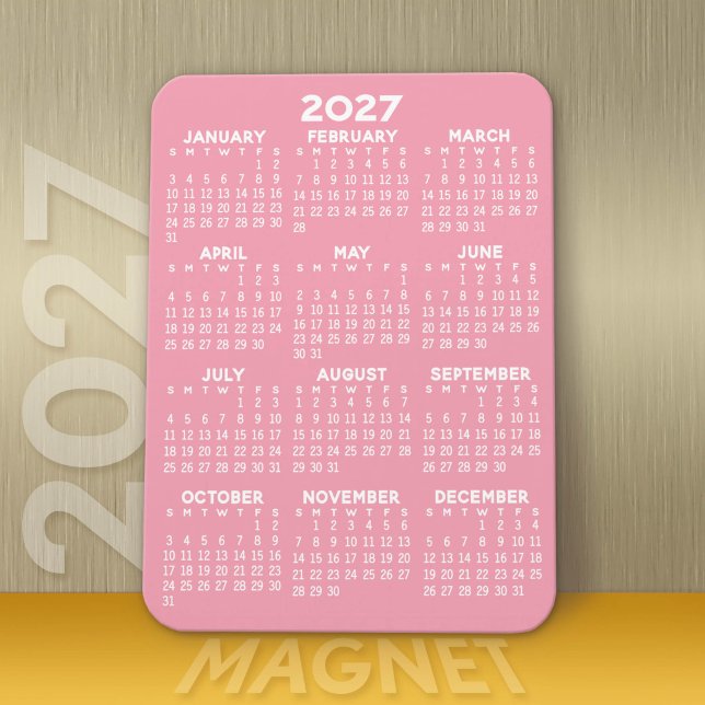 2022 Full Year View Calendar - Basic Pink Minimal Magnet (Modern 2027 Calendar Magnet)