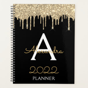 2022 Gold  Black Glitter Monogram Modern Planner