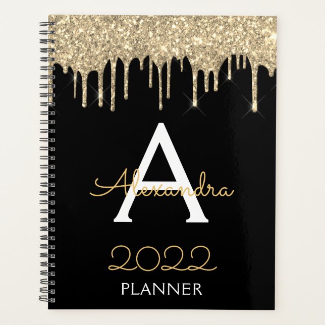 2022 Gold  Black Glitter Monogram Modern Planner (Front)