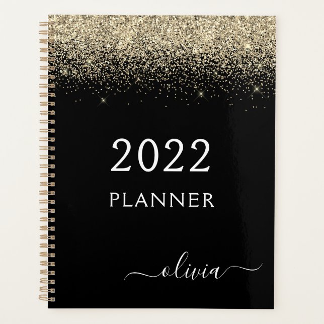 2022 Gold Black Glitter Sparkle Glam Monogram Planner (Front)