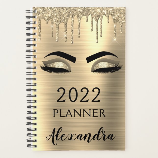 2022 Gold Glitter Sparkle Eyelashes Glam Planner (Front)