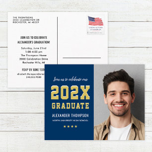 2022 Graduate Navy Gold Graduation Party Photo Invitation Postcard